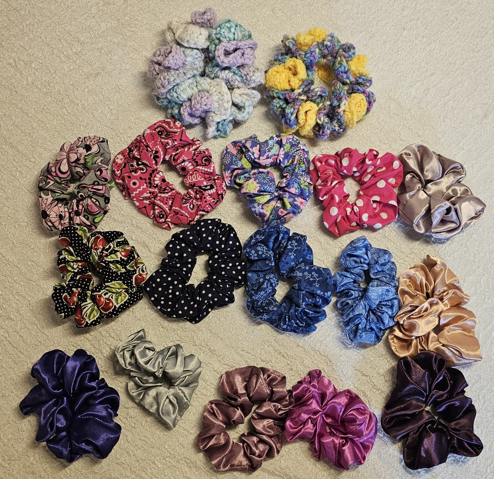 Assorted homemade scruncies for thin hair in various sizes