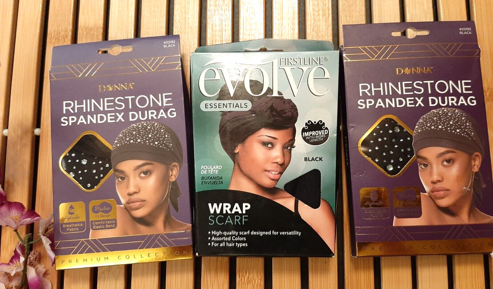 2 Donna Rhinestone Spandex Durag & Firstline Evolve Black Wrap Scarf New