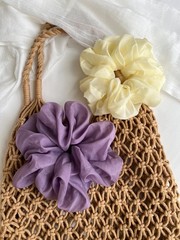 2 Pcs Large Soft Satin Hair Scrunchies Set Pastel Purple and Cream Hair Ties