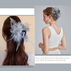 set of 2 Ahoney Grey Flower Hair Clips 5.1″ Feather Hair Clips for Women Non