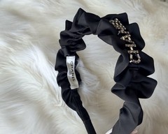 Chanel Black Satin Ruffle Headband Crystal Logo Hair Accessory