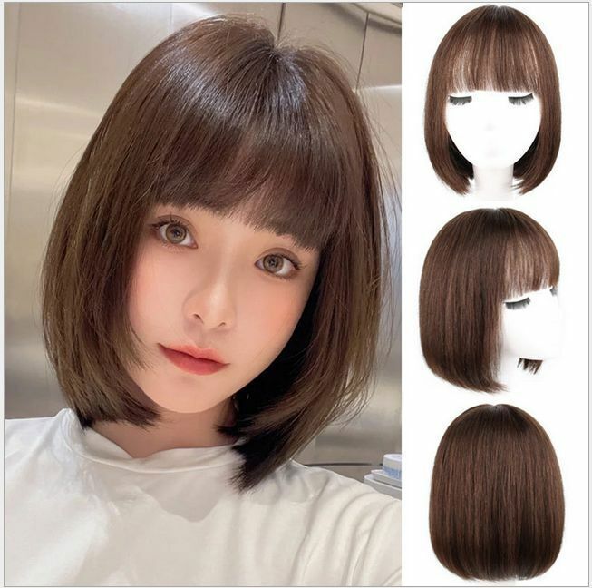 100% Real Human Hair Full Wig For Women,Silk Top C-part BOBO with Flat Bang, 11″