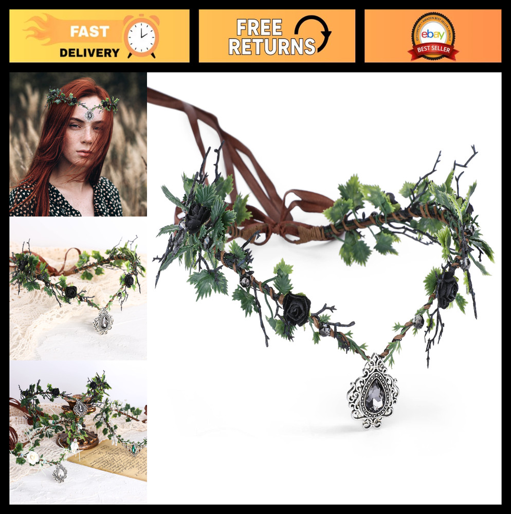 Black Fairy Flower Headband – Crystal Elf Crown, Woodland Circlet for Cosplay &