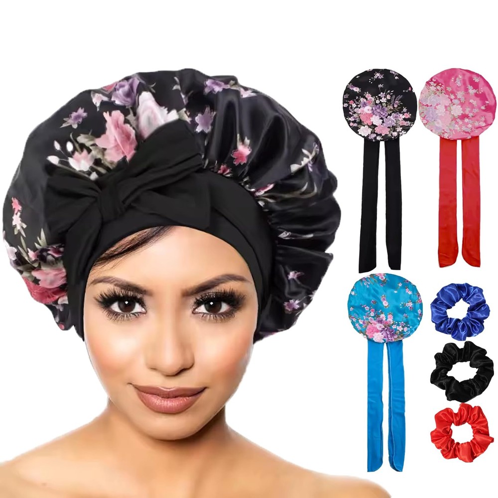 3Pcs Satin Bonnet for Women,Tie Band Braids Silk Hat One Size-Medium, B