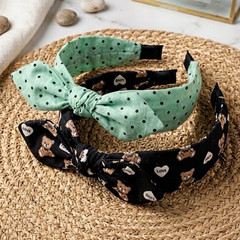 Women’s Fabric Headband 2-Pack Bow Accents Green Polka Dot Black Teddy Bear