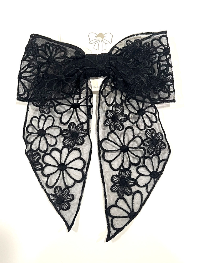 Large Black Floral Lace Hair Bow Clip – Vintage Embroidered Sheer Bow for Women