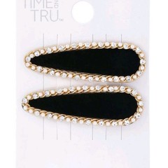 Time and Tru Black Teardrop Hair Clips Set Rhinestone Pearl Embellished 2 Pieces