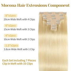 Mocona Clip in Hair Extensions Real Human Hair Bleach Blonde 12 Inch 7pcs 70g Pa