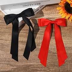 2PCS Silky Satin Hair Bows Hair Clip Black Red Hair Ribbon Ponytail Black & Red