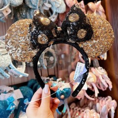 Disney Parks Black Gold Polka Dot Sequin Minnie Mickey Mouse Ears Bow Headband