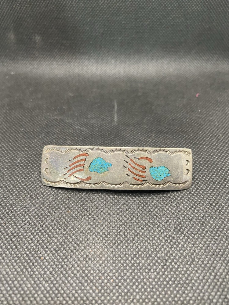 Vintage Navajo Signed HB .925 Bear Paws Red Coral & Turquoise Inlay Barrette