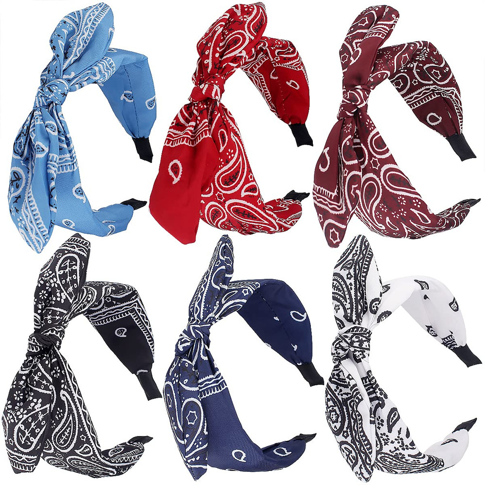 6Pcs Paisley Knotted Bow Headbands with Removable Rabbit Ears – Top Knot & Turba