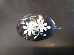 Brown epoxy (resin) oval barrette with mother of pearl flowers
