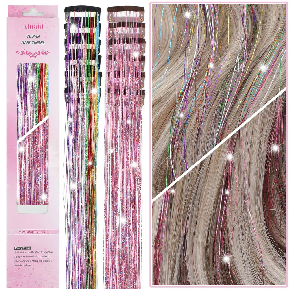 Clip in Hair Tinsel 20 Inch Glitter Tinsel Hair Extensions Fairy Hair Tinsel for