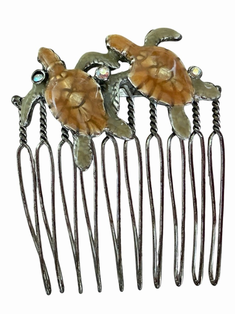 Vintage 1990s Enameled Metal Turtle Women’s Hair Comb Accessory 1.5” Wide EUC