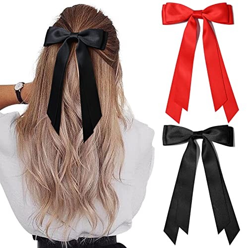 2PCS Silky Satin Hair Bows Hair Clip Black Red Hair Ribbon Ponytail Black & Red