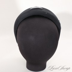 Prada Re-Nylon Solid Black Oversized Round Snug Enameled Metal Logo Hairband