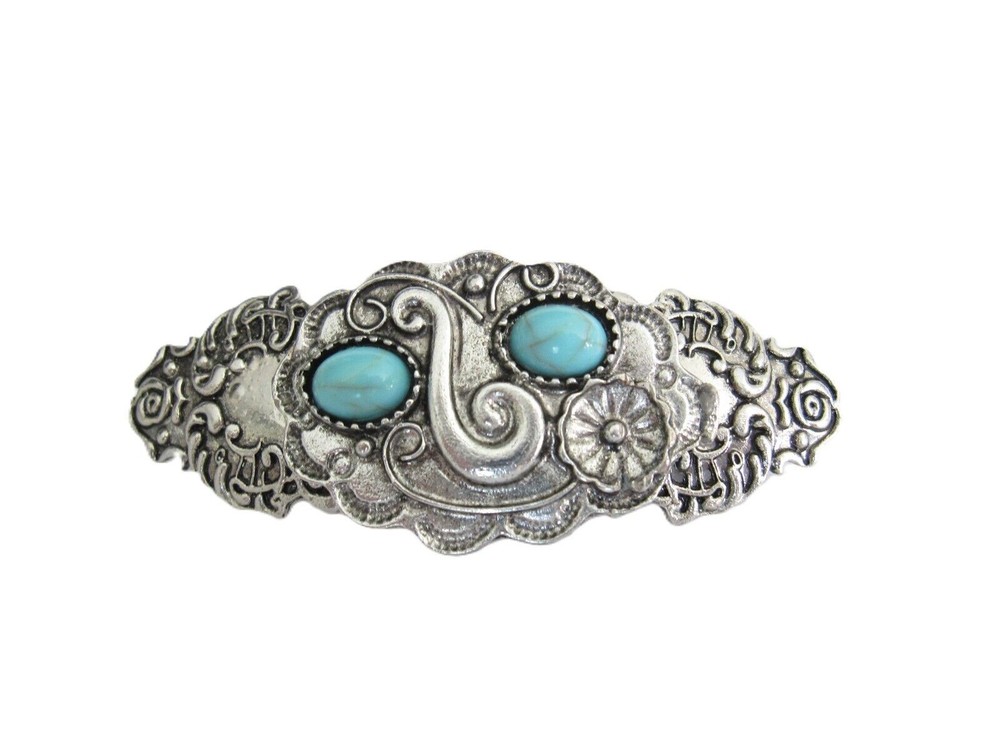 Small blue stone silver tone metal flower western hair clip barrette thin hair