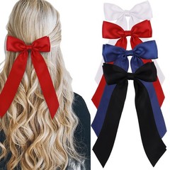 4PCS Silk Ribbon Hair Bows Clips – Black, Blue, Red, White – Modern Bow Hair