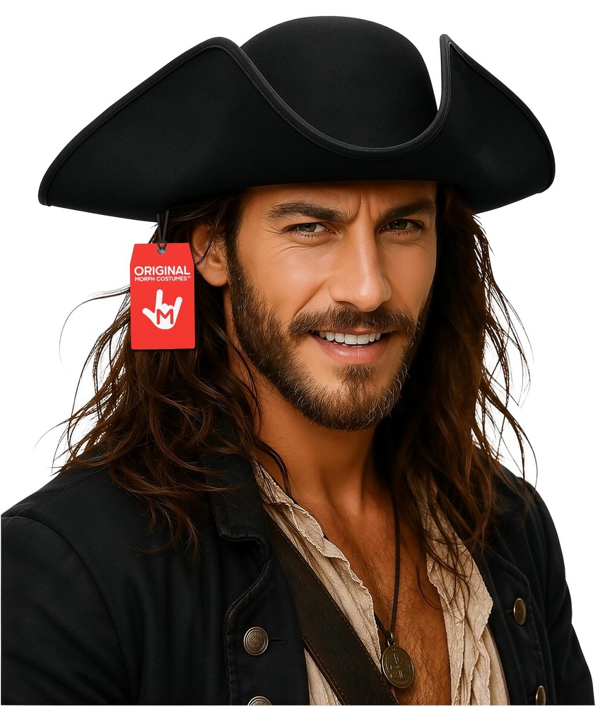 Adult Black Tricorn Pirate Hat for Women Colonial Buccaneer Cap Accessory