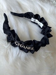 Chanel Black Satin Ruffle Headband Crystal Logo Hair Accessory