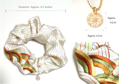 Handmade Scrunchie from Vintage Japanese Kimono Silk with Seigaiha Embroidery