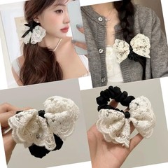 6 PCS Stretchy Hair Scrunchies with White Lace Denim Rose Bows Spiral Ties