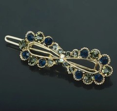 Green & Navy Blue Rhinestone Gem Gold Infinity Bow Hair Clip Barrette
