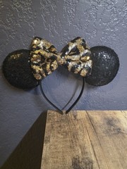 Disney MINNIE Mouse LEOPARD Print Bow with Black Sequined Ears Headband