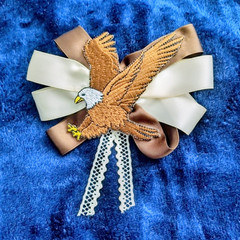 Brown White Solid Fabric Hair Bow Embroidered Eagle Applique Women Teens