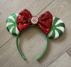 Minnie Mouse Ears Headband Christmas Sequined Bow Candy Cane Green Red White