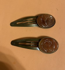(2) Mocha Victorian Floral Oval Cabochon Vintage Bronze Large Snap-in Hair Clips