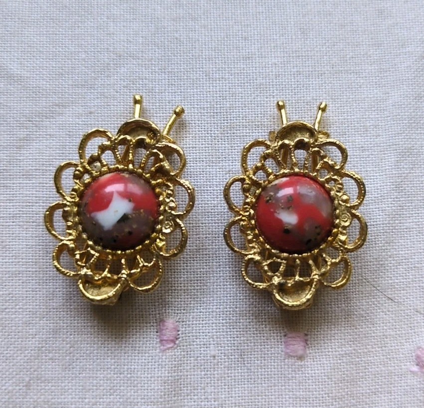 Vintage 70s Faux Orange Jasper Hair Clips, Gold Tone