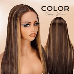 HD TRANSPARENT Lace Wig Long Straight Mix Brown Blond Highlight Human Hair Blend