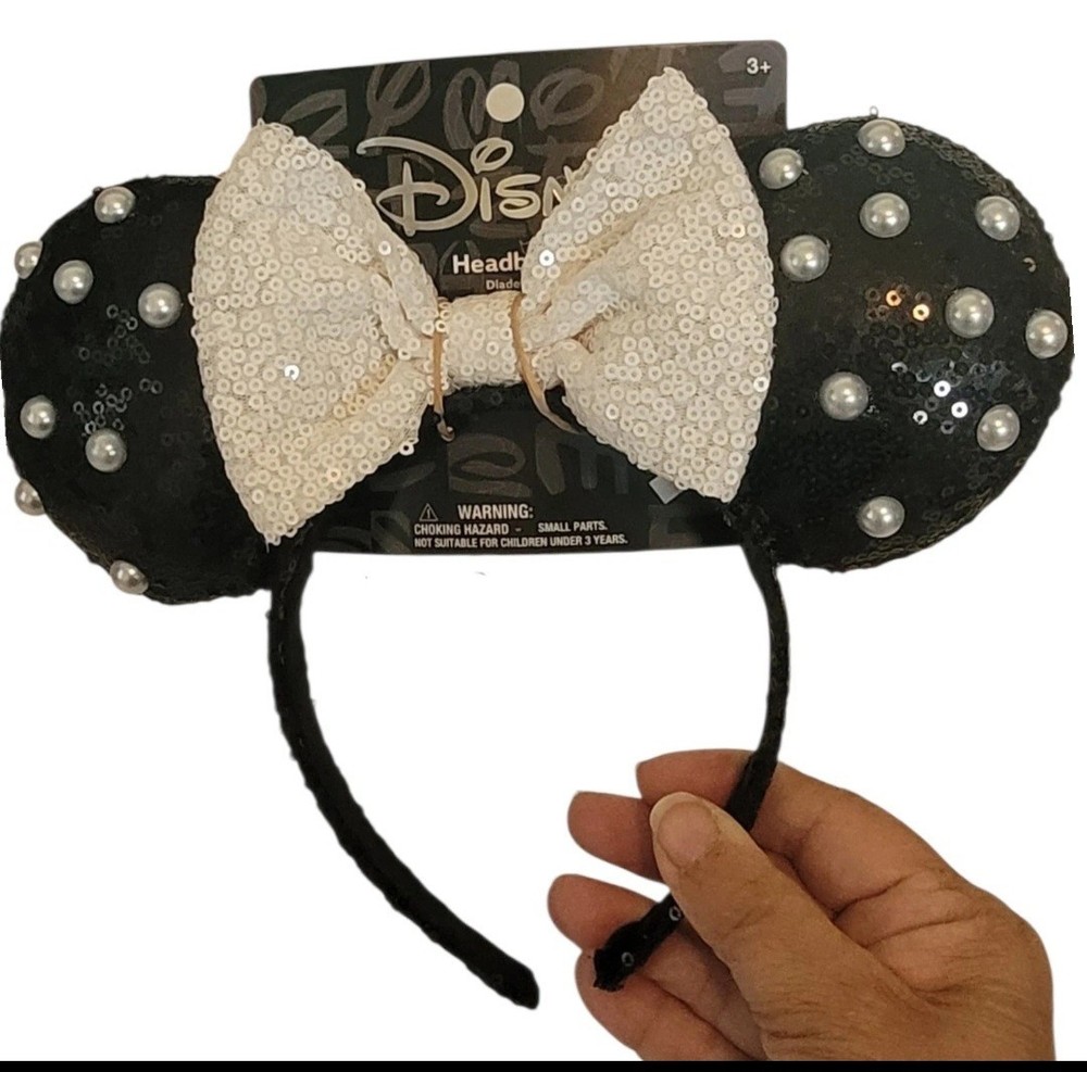 Minnie Mouse Ears Black Sequins White Bow Mickey NEW