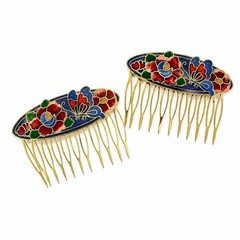 Vintage Cloisonne Enamel Floral Butterfly Hair Combs Gold Tone Blue Red 2pc Set
