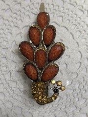 Vintage Style Peacock Bird Barrette Clip Rhinestone Gold-toned Reddish Orange