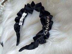 Chanel Black Satin Ruffle Headband Crystal Logo Hair Accessory