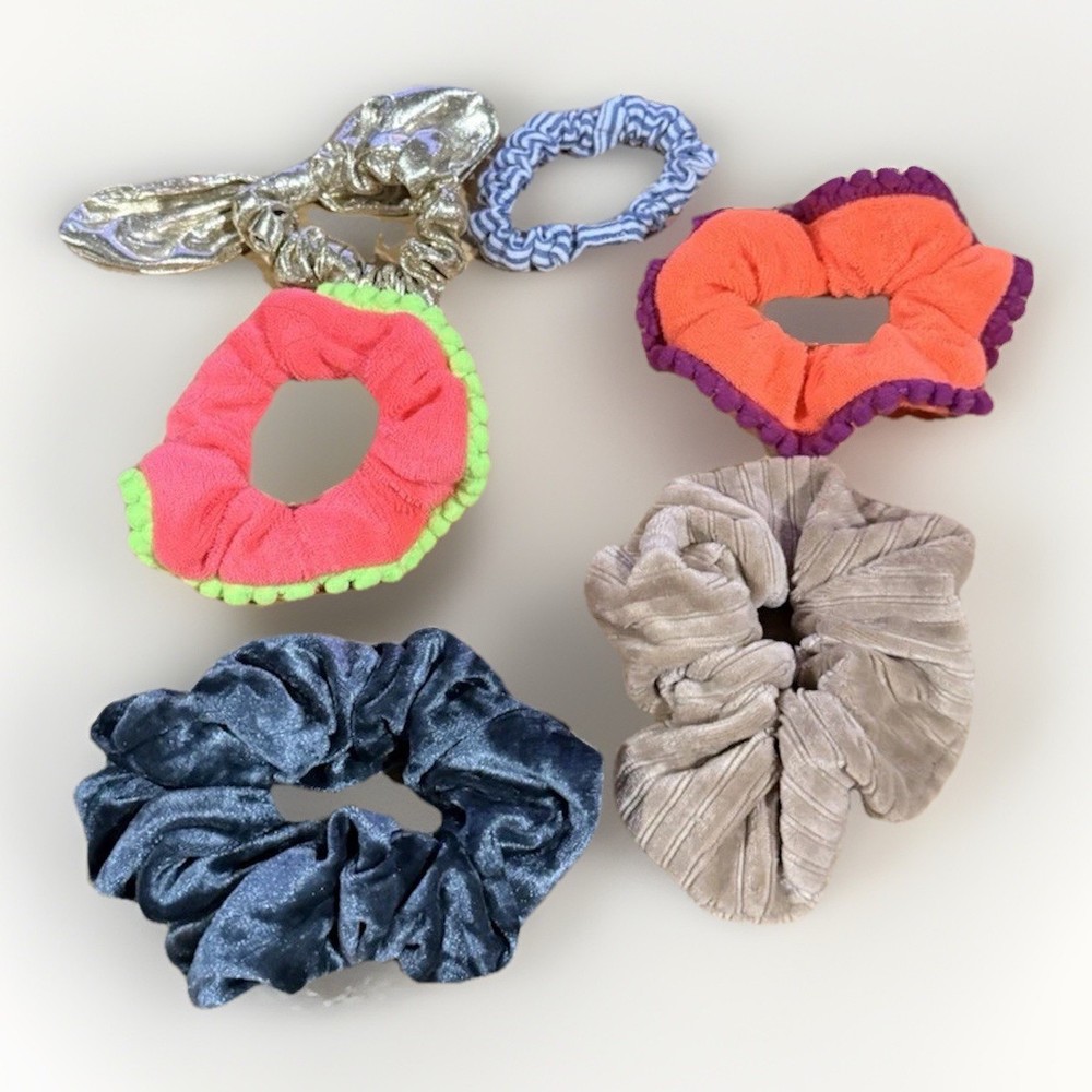 Hair Scrunchies Mixed Lot(6) Jumbo Velvet, Neon Terry Cloth, Metallic, Striped
