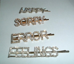 HAPPY SORRY ERROR FEELINGS 3″ WHITE RHINESTONE BOBBY PINS