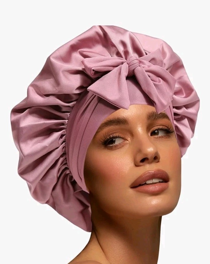 Satin Hair Bonnet Silk Adjustable Bonne for Sleeping with Tie Band Pink Nightcap