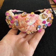 Brianna Cannon Pink Beige Embellished Knotted Headband Crystal Hearts Beads