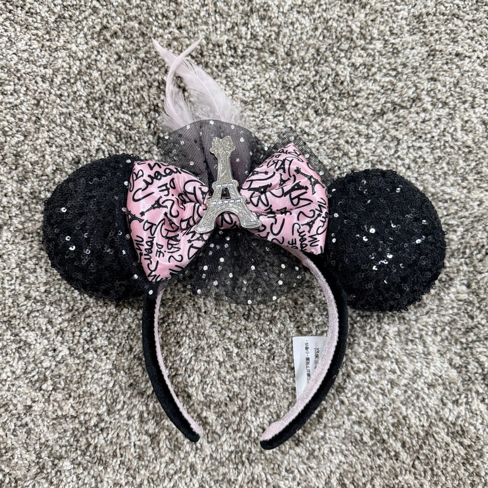 Disney Minnie Mouse Paris Sequin Ear Headband Eiffel Tower Bow Black Pink