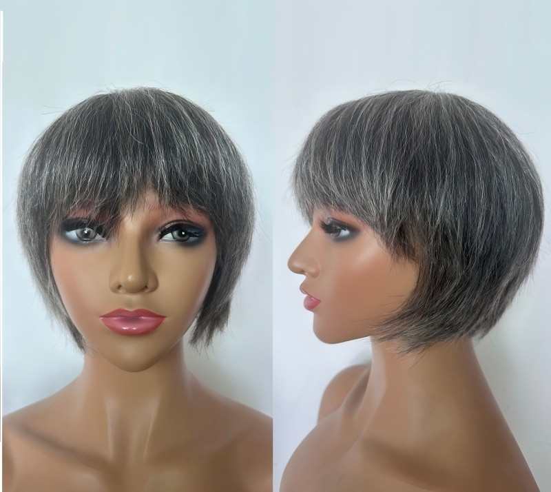 100% Human hair(40% White/Grey Hair Mixed) Bob full wig with Whirl for Women