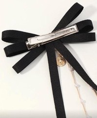 Black Bow Ribbon Hair Clip Set w/ Beaded Double Chain Drape, Solid Metal