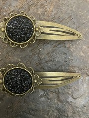 (2) Black Glitter Druzy Cabochon Vintage Bronze Filigree Snap-in Hair Clips