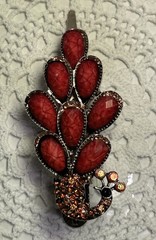 Vintage Style Peacock Bird Barrette Clip Rhinestone Gold-toned Reddish Orange