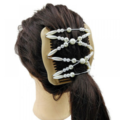 Women’s Magic Hair Comb Hair Clip Double Slide Wood Beads Hairpin Stretchy Acc