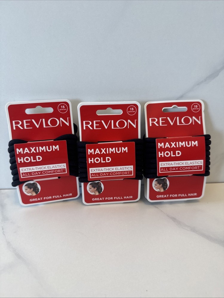 Lot Of 3 Revlon Maximum Hold Extra Thick Black Hair Tie Elastics 15 Count each