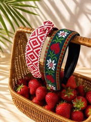 Women’s Boho Summer Headbands Set of 2 Embroidered Strawberry Hair Bands